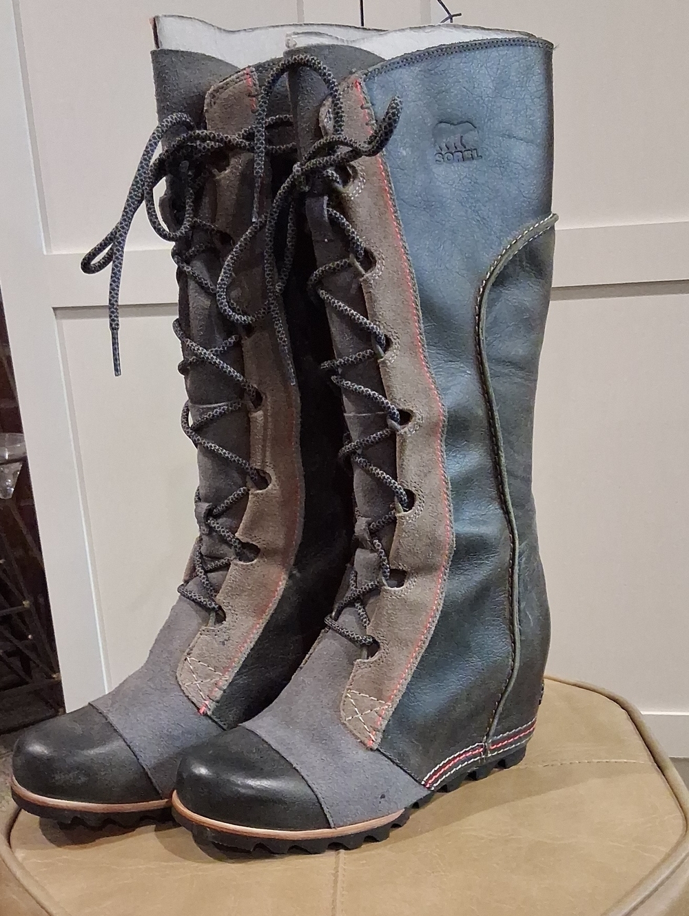 Sorel CATE THE GREAT Women's Gray Lace-Up Tall Boots with Subtle Pink Stitching